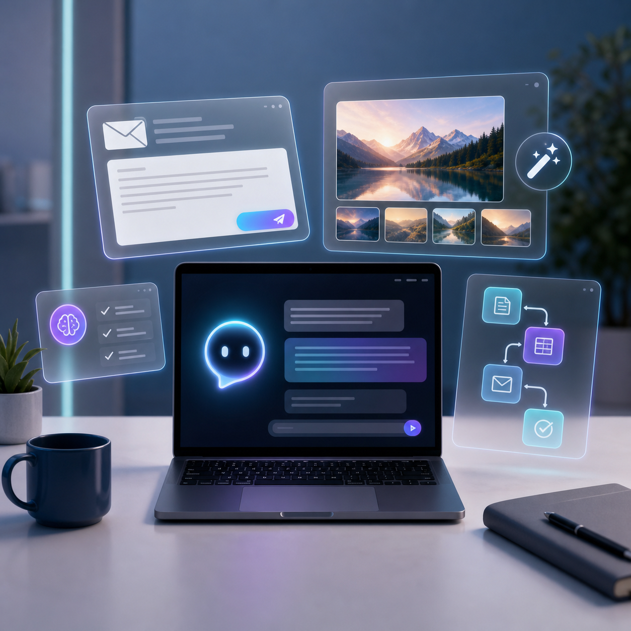 Werbebild mit Laptop, KI-Assistent, E-Mail, Bildgenerierung und Automatisierung